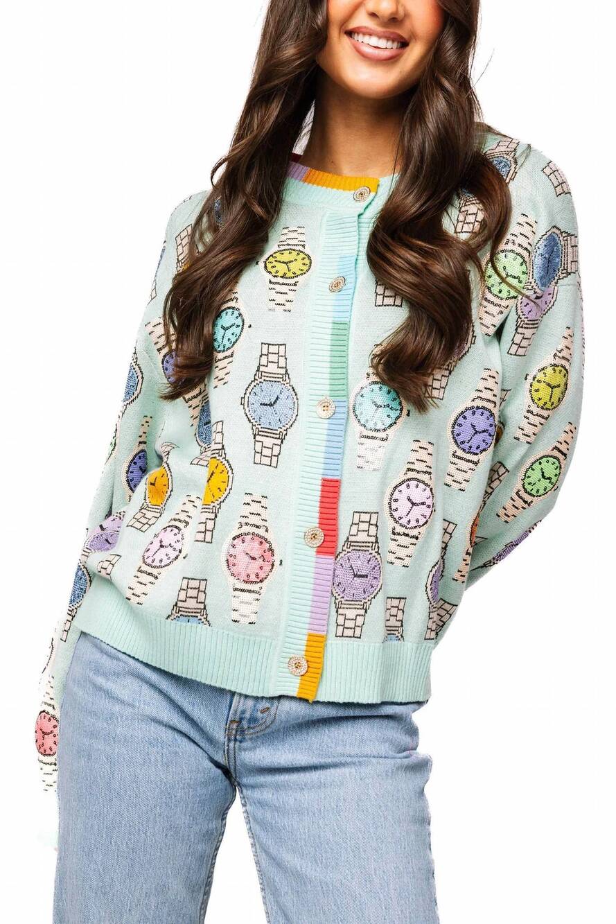 NEW QUEEN OF SPARKLES colorblock trim multi watch button up cardigan in aqua